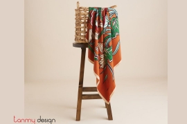 Orange silk scarf printed with lotus ( Liên hoa vũ scarf )